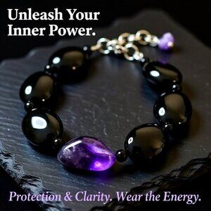 Amethyst & Black Agate Bracelet! Adj. 6 -7.5" ~ Tranquility Calm Stress Relief